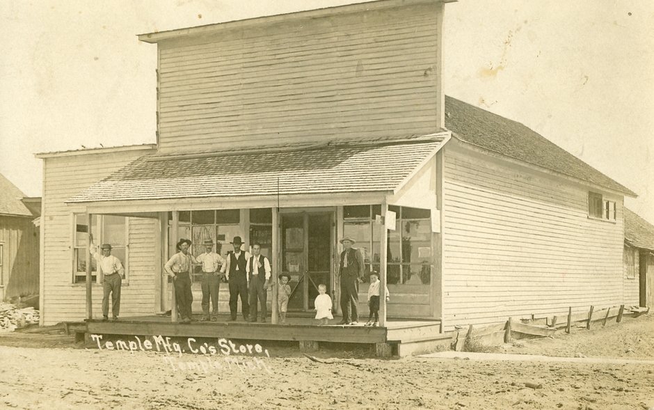 A postcard of the Temple Mfg Co Store sometime after 1906. Newspaper articles illustrate how long secondary lumber activities provided employment in Clare county after the big lumber operations moved on.